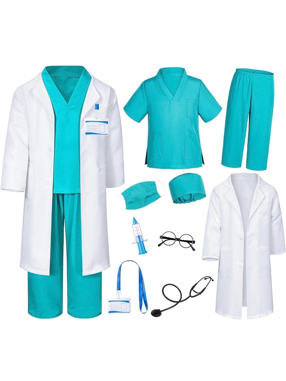 Turquoise Medical Scrub Set with White Lab Coats
